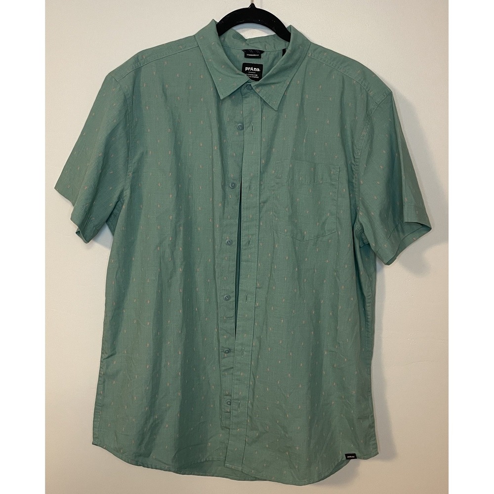NWT Prana Tinline Shirt Men's L Short Sleeve Green Cactus Organic Cotton Blend